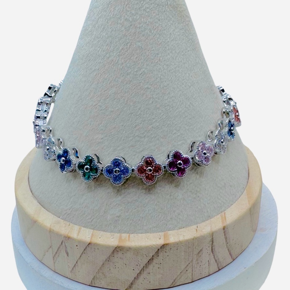 Floral Multicolor Sparkly Bracelet for small wrist in silver tone base